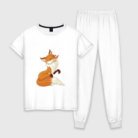 Женская пижама хлопок с принтом хитрая лиса в Рязани, 100% хлопок | брюки и футболка прямого кроя, без карманов, на брюках мягкая резинка на поясе и по низу штанин | лиса | рисунок лиса | рыжая | рыжая лиса | хитрая лиса