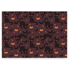 Поздравительная открытка с принтом Хэллоуиновский кот в Рязани, 100% бумага | плотность бумаги 280 г/м2, матовая, на обратной стороне линовка и место для марки
 | Тематика изображения на принте: арт | конфеты | кот | котёнок | кошка | оранжевый | рисунок | тёмный | тыква | тыквы | фиолетовый | хеллоуин | хэллоуин | чёрный