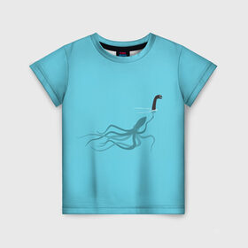 Детская футболка 3D с принтом Тайна Лох-несского чудовища в Рязани, 100% гипоаллергенный полиэфир | прямой крой, круглый вырез горловины, длина до линии бедер, чуть спущенное плечо, ткань немного тянется | арт | море | осьминог | рисунок | синий | шутка