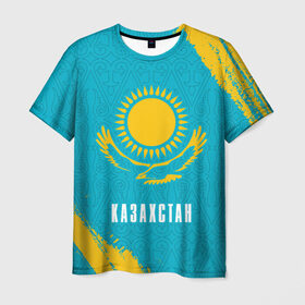 Мужская футболка 3D с принтом КАЗАХСТАН / KAZAKHSTAN в Рязани, 100% полиэфир | прямой крой, круглый вырез горловины, длина до линии бедер | Тематика изображения на принте: flag | kazakhstan | qazaqstan | герб | захах | казахстан | кахахи | лого | нур султан | республика | символ | страна | флаг