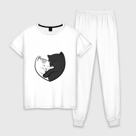 Женская пижама хлопок с принтом Влюблённые котики в Рязани, 100% хлопок | брюки и футболка прямого кроя, без карманов, на брюках мягкая резинка на поясе и по низу штанин | арт | белая кошка | белый кот | влюблённые | кот | кот и кошка | кошка | любовь | пара | рисунок | чёрная кошка | чёрный кот