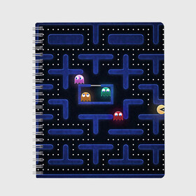 Тетрадь с принтом Pacman в Рязани, 100% бумага | 48 листов, плотность листов — 60 г/м2, плотность картонной обложки — 250 г/м2. Листы скреплены сбоку удобной пружинной спиралью. Уголки страниц и обложки скругленные. Цвет линий — светло-серый
 | Тематика изображения на принте: pac man | pacman | аркады | пакмэн