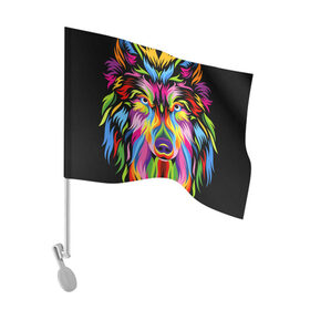Флаг для автомобиля с принтом Neon wolf в Рязани, 100% полиэстер | Размер: 30*21 см | color | ears | eyes | muzzle | neon | nose | paint | skin | view | wolf | взгляд | волк | глаза | краска | неон | нос | уши | цвет | шерсть