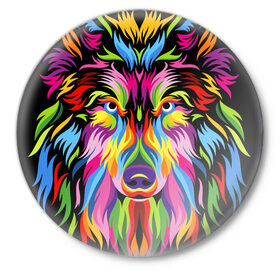 Значок с принтом Neon wolf в Рязани,  металл | круглая форма, металлическая застежка в виде булавки | color | ears | eyes | muzzle | neon | nose | paint | skin | view | wolf | взгляд | волк | глаза | краска | неон | нос | уши | цвет | шерсть