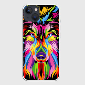 Чехол для iPhone 13 с принтом Neon wolf в Рязани,  |  | color | ears | eyes | muzzle | neon | nose | paint | skin | view | wolf | взгляд | волк | глаза | краска | неон | нос | уши | цвет | шерсть