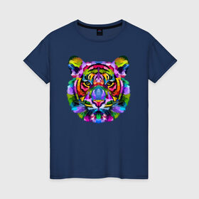 Женская футболка хлопок с принтом Color tiger в Рязани, 100% хлопок | прямой крой, круглый вырез горловины, длина до линии бедер, слегка спущенное плечо | color | ears | eyes | muzzle | neon | tiger | vanguard | view | авангард | взгляд | глаза | неон | тигр | уши | цвет