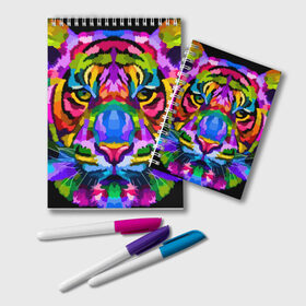 Блокнот с принтом Neon tiger в Рязани, 100% бумага | 48 листов, плотность листов — 60 г/м2, плотность картонной обложки — 250 г/м2. Листы скреплены удобной пружинной спиралью. Цвет линий — светло-серый
 | color | ears | eyes | muzzle | neon | tiger | vanguard | view | авангард | взгляд | глаза | неон | тигр | уши | цвет