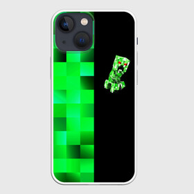 Чехол для iPhone 13 mini с принтом MINECRAFT CREEPER в Рязани,  |  | blox | creeper | dungeons | game | geometry | green | neon | pixel | steve | алекс | детям | зелень | игра | кислотный | крипер | куб | логотипы игр | майнкрафт | мальчикам | мобы | неоновый | пиксель | пиксельный | подземелья
