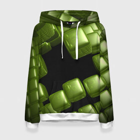 Женская толстовка 3D с принтом зеленый куб в Рязани, 100% полиэстер  | двухслойный капюшон со шнурком для регулировки, мягкие манжеты на рукавах и по низу толстовки, спереди карман-кенгуру с мягким внутренним слоем. | 3d | абстракция | зеленый | илюзия | квадрат | куб