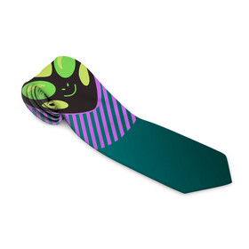 Галстук 3D с принтом Инопланетяша на зеленом фоне в Рязани, 100% полиэстер | Длина 148 см; Плотность 150-180 г/м2 | градиент | зеленый | инопланетянин | круг | лицо | наука | нло | подарок | полоски | пришелец | улыбка | фантастика | фиолетовый