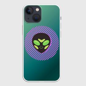 Чехол для iPhone 13 mini с принтом Инопланетяша на зеленом фоне в Рязани,  |  | градиент | зеленый | инопланетянин | круг | лицо | наука | нло | подарок | полоски | пришелец | улыбка | фантастика | фиолетовый