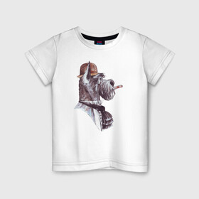 Детская футболка хлопок с принтом Собака-аристократ с сигарой в Рязани, 100% хлопок | круглый вырез горловины, полуприлегающий силуэт, длина до линии бедер | портрет собаки | ризеншнауцер | собака   джентельмен