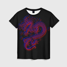 Женская футболка 3D с принтом 3д Дракон в Рязани, 100% полиэфир ( синтетическое хлопкоподобное полотно) | прямой крой, круглый вырез горловины, длина до линии бедер | 3д эффект | китайский дракон | красный | миф | оптическая иллюзия | синий