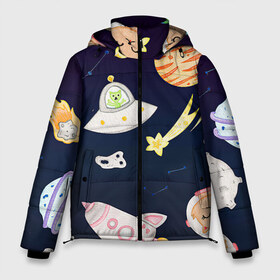 Мужская зимняя куртка 3D с принтом Космический рисунок в Рязани, верх — 100% полиэстер; подкладка — 100% полиэстер; утеплитель — 100% полиэстер | длина ниже бедра, свободный силуэт Оверсайз. Есть воротник-стойка, отстегивающийся капюшон и ветрозащитная планка. 

Боковые карманы с листочкой на кнопках и внутренний карман на молнии. | Тематика изображения на принте: арт | детский рисунок | звезда | звёзды | космонавт | космос | кот | котик | нло | ракета | ракеты | рисунок | рисунок карандашом | синий | созвездия | тарелка | тарелки | юпитер