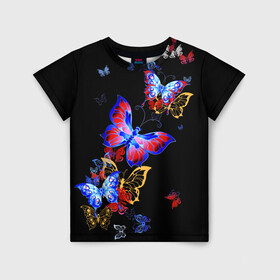 Детская футболка 3D с принтом Поцелуй бабочек в Рязани, 100% гипоаллергенный полиэфир | прямой крой, круглый вырез горловины, длина до линии бедер, чуть спущенное плечо, ткань немного тянется | angel | butterfly | fairy | neon | night | wings | ангел | бабочка | бабочки | девушке | животные | красочные | крылья | летающие | магия | махаон | мотыльки | насекомые | неоновые | ночные | ночь | подарок | природа