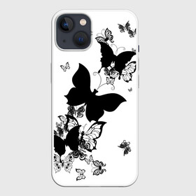 Чехол для iPhone 13 с принтом Черные бабочки на белом в Рязани,  |  | angel | black and white | butterfly | fairy | fashion girl | wings | ангел | бабочка | девушке | животные | крылья | летающие | магия | махаон | мотылек | мотыльки | насекомые | нежные | подарок | природа | сказочные | татуировки
