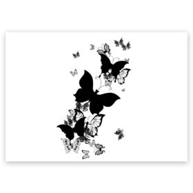 Поздравительная открытка с принтом Черные бабочки на белом в Рязани, 100% бумага | плотность бумаги 280 г/м2, матовая, на обратной стороне линовка и место для марки
 | angel | black and white | butterfly | fairy | fashion girl | wings | ангел | бабочка | девушке | животные | крылья | летающие | магия | махаон | мотылек | мотыльки | насекомые | нежные | подарок | природа | сказочные | татуировки
