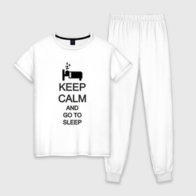 Женская пижама хлопок с принтом KEEP CALM AND GO TO SLEEP в Рязани, 100% хлопок | брюки и футболка прямого кроя, без карманов, на брюках мягкая резинка на поясе и по низу штанин | go to sleep | keep | keep calm | keep calm and | keep calm and go | keep calm and go to | keep calm and go to sleep | иди спать | сохраняй спокойствие | сохраняй спокойствие и иди спать