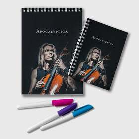 Блокнот с принтом Apocalyptica в Рязани, 100% бумага | 48 листов, плотность листов — 60 г/м2, плотность картонной обложки — 250 г/м2. Листы скреплены удобной пружинной спиралью. Цвет линий — светло-серый
 | Тематика изображения на принте: apocalyptica | eicca toppinen | finland | helsenki | metall | metallica | rock | апоклиптика | виолончель | рок | симфонический рок | финляндия | эйкка топпинен