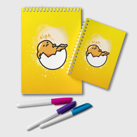 Блокнот с принтом Gudetama в Рязани, 100% бумага | 48 листов, плотность листов — 60 г/м2, плотность картонной обложки — 250 г/м2. Листы скреплены удобной пружинной спиралью. Цвет линий — светло-серый
 | Тематика изображения на принте: gudetama | анимешное яйцо | гудетама | желток | стекающее яйцо | яичница