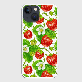 Чехол для iPhone 13 mini с принтом Земляника в Рязани,  |  | арт | белые цветы | белый | белый цветок | зеленый | земляника | клубника | красный | лесная ягода | лесные ягоды | листва | листья | растение | рисунок | цветок | цветы