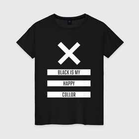 Женская футболка хлопок с принтом Black Color в Рязани, 100% хлопок | прямой крой, круглый вырез горловины, длина до линии бедер, слегка спущенное плечо | белый | геометрия | крестик | прямоугольники | счастливый | текст | цвет | черно белый | черный