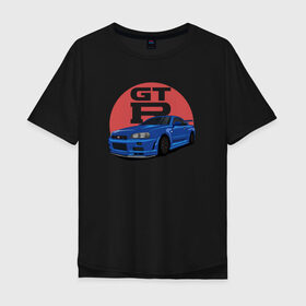 Мужская футболка хлопок Oversize с принтом Nissan GT-R 34 в Рязани, 100% хлопок | свободный крой, круглый ворот, “спинка” длиннее передней части | drift | gt r 34 | nissan gtr | r34 | skyline
