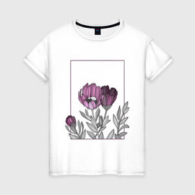 Женская футболка хлопок с принтом Цветы с тонкими линиями в Рязани, 100% хлопок | прямой крой, круглый вырез горловины, длина до линии бедер, слегка спущенное плечо | графика | линии | рамка | растение | ртуть | цветы