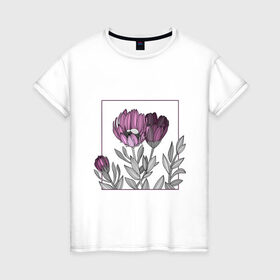 Женская футболка хлопок с принтом Цветы в рамке в Рязани, 100% хлопок | прямой крой, круглый вырез горловины, длина до линии бедер, слегка спущенное плечо | графика | линии | рамка | растение | ртуть | цветы