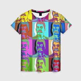 Женская футболка 3D с принтом Stalin pop-art в Рязани, 100% полиэфир ( синтетическое хлопкоподобное полотно) | прямой крой, круглый вырез горловины, длина до линии бедер | chief | color | eyes | moustache | pop art | stalin | view | взгляд | вождь | глаза | поп  арт | сталин | усы | цвет