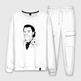 Мужской костюм хлопок с принтом Ди Каприо в Рязани, 100% хлопок | на свитшоте круглая горловина, мягкая резинка по низу. Брюки заужены к низу, на них два вида карманов: два “обычных” по бокам и два объемных, с клапанами, расположенные ниже линии бедра. Брюки с мягкой трикотажной резинкой на поясе и по низу штанин. В поясе для дополнительного комфорта — широкие завязки | leo di | джанго освобожденный | ди каприо | леонардо ди каприо | мем ди каприо