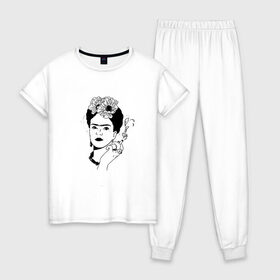 Женская пижама хлопок с принтом Фрида Кало в Рязани, 100% хлопок | брюки и футболка прямого кроя, без карманов, на брюках мягкая резинка на поясе и по низу штанин | Тематика изображения на принте: 