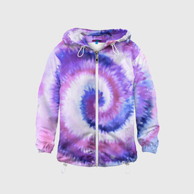 Детская ветровка 3D с принтом TIE-DYE PURPLE в Рязани, 100% полиэстер | подол и капюшон оформлены резинкой с фиксаторами, по бокам два кармана без застежек, один потайной карман на груди | dye | multicolor | tie | trend | акварель | брызги | градиент | дай | колор | краски | красочная | мульти | потёки | пятна | радуга | радужная | тай | тайдай | текстура | тренд | хиппи