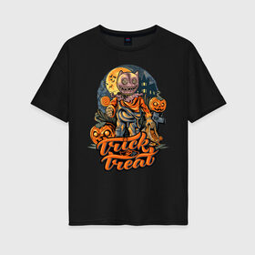 Женская футболка хлопок Oversize с принтом Trick or treat. Хэллоуин в Рязани, 100% хлопок | свободный крой, круглый ворот, спущенный рукав, длина до линии бедер
 | halloween | helloween | trick or treat | монстры | приколы | тыква | ужасы | хеллоуин | хэллоуин