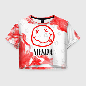 Женская футболка Crop-top 3D с принтом NIRVANA / НИРВАНА в Рязани, 100% полиэстер | круглая горловина, длина футболки до линии талии, рукава с отворотами | band | cobain | face | kurt | logo | music | nirvana | rock | rocknroll | группа | кобейн | курт | лого | логотип | музыка | музыкальная | нирвана | рожица | рок | рокнролл | символ