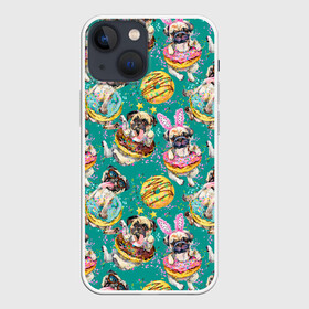 Чехол для iPhone 13 mini с принтом Мопсы в пончиках в Рязани,  |  | абстракция | еда | летняя | линия | мопс | мопсы | пес | песик | пончики | сладости | собака | собачки | текстуры | узоры