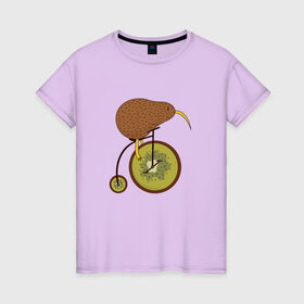Женская футболка хлопок с принтом Киви на велосипеде в Рязани, 100% хлопок | прямой крой, круглый вырез горловины, длина до линии бедер, слегка спущенное плечо | Тематика изображения на принте: bike | bird | birds | circus | cute | fruit | funny | kiwi | байк | берд | большое колесо | в разрезе | клюв | милая | милота | не достает до педалей | пополам | прикол | природа | птичка | с большим колесом | смешная | фрукт | 