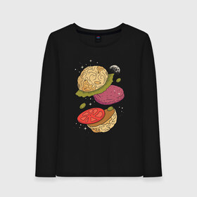Женский лонгслив хлопок с принтом Луна бургер в Рязани, 100% хлопок |  | burger | food | funny | galaxy | hamburger | illustration | joke | moon | planet | space | start | булочки | в разрезе | галактика | гамбургер | гриль | еда | звезды | иллюстрация | космос | котлета | лист | оливки | планета | прикол | разрез | 