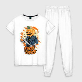 Женская пижама хлопок с принтом Trick or treat Хэллоуин в Рязани, 100% хлопок | брюки и футболка прямого кроя, без карманов, на брюках мягкая резинка на поясе и по низу штанин | halloween | helloween | trick or treat | монстры | приколы | тыква | ужасы | хеллоуин | хэллоуин