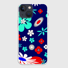 Чехол для iPhone 13 mini с принтом Lorri в Рязани,  |  | blue | flowers | leaves | patterns | summer | texture | летний | листки | синий | текстура | узоры | цветы