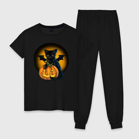 Женская пижама хлопок с принтом Черный котик с тыквой Хэллоуин в Рязани, 100% хлопок | брюки и футболка прямого кроя, без карманов, на брюках мягкая резинка на поясе и по низу штанин | кот | котик | крылья | летучая | луна | мышь | тыква | хеллоуин | хэллоуин | черный