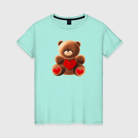 Женская футболка хлопок с принтом Медвежонок с сердечком в Рязани, 100% хлопок | прямой крой, круглый вырез горловины, длина до линии бедер, слегка спущенное плечо | love is | teddy bear | valentines day | бабушка | валентинка | влюбленные | девушке | жена | лучшая | любимая | люблю | любовь | мама | медведь | медвежата | молодожены | подарок | романтика | свадебные | свадьба