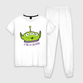 Женская пижама хлопок с принтом Im an alien в Рязани, 100% хлопок | брюки и футболка прямого кроя, без карманов, на брюках мягкая резинка на поясе и по низу штанин | aliens | disney | pixar | toy story | vdkimel | дисней | инопланетяне | история игрушек | пиксар