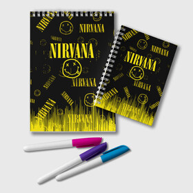 Блокнот с принтом Nirvana в Рязани, 100% бумага | 48 листов, плотность листов — 60 г/м2, плотность картонной обложки — 250 г/м2. Листы скреплены удобной пружинной спиралью. Цвет линий — светло-серый
 | Тематика изображения на принте: music | nirvana | rock | smile | американская рок группа | гранж | известные личности | крист новоселич | курт кобейн | музыка | музыканты | нирвана | панк рок | певцы | рок | смайл | хард рок | хэви металл