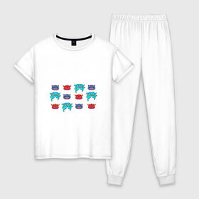 Женская пижама хлопок с принтом Разноцветные персонажи в Рязани, 100% хлопок | брюки и футболка прямого кроя, без карманов, на брюках мягкая резинка на поясе и по низу штанин | 