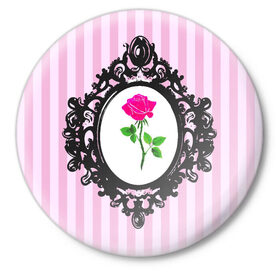 Значок с принтом Роза в рамке в Рязани,  металл | круглая форма, металлическая застежка в виде булавки | классика | полоска | рамка | роза | розовый | черный