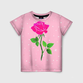 Детская футболка 3D с принтом Роза на розовом в Рязани, 100% гипоаллергенный полиэфир | прямой крой, круглый вырез горловины, длина до линии бедер, чуть спущенное плечо, ткань немного тянется | женственно | красота | роза | розовый | снежинки | фуксия | цветок | шик