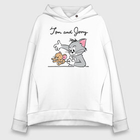 Женское худи Oversize хлопок с принтом Tom and Jerry в Рязани, френч-терри — 70% хлопок, 30% полиэстер. Мягкий теплый начес внутри —100% хлопок | боковые карманы, эластичные манжеты и нижняя кромка, капюшон на магнитной кнопке | tom  jerry | tom and jerry | vdzabma | джерри | том | том  джерри | том и джерри