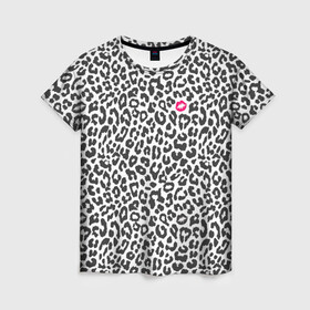Женская футболка 3D с принтом Kiss в Рязани, 100% полиэфир ( синтетическое хлопкоподобное полотно) | прямой крой, круглый вырез горловины, длина до линии бедер | art | background | kiss | leopard | lips | spots | texture | арт | губы | леопард | поцелуй | пятна | текстура | фон