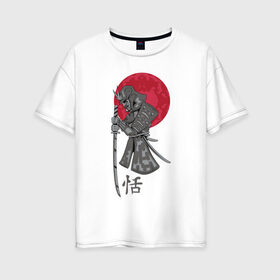 Женская футболка хлопок Oversize с принтом Самурай в Рязани, 100% хлопок | свободный крой, круглый ворот, спущенный рукав, длина до линии бедер
 | japan | katana | moon | samurai | воин | воин самурай | доспехи | доспехи самурая | иероглиф | иероглифы | ироглиф | катана | луна | меч | нагабакама | рисунок | самурай | самурайское кимоно | солнце | хакама